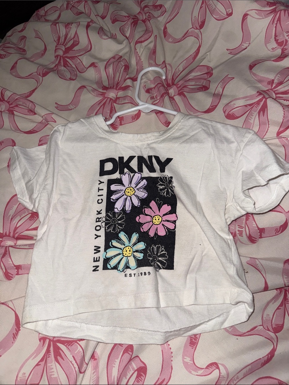 DKNY White Tee with Pastel Floral Graphic